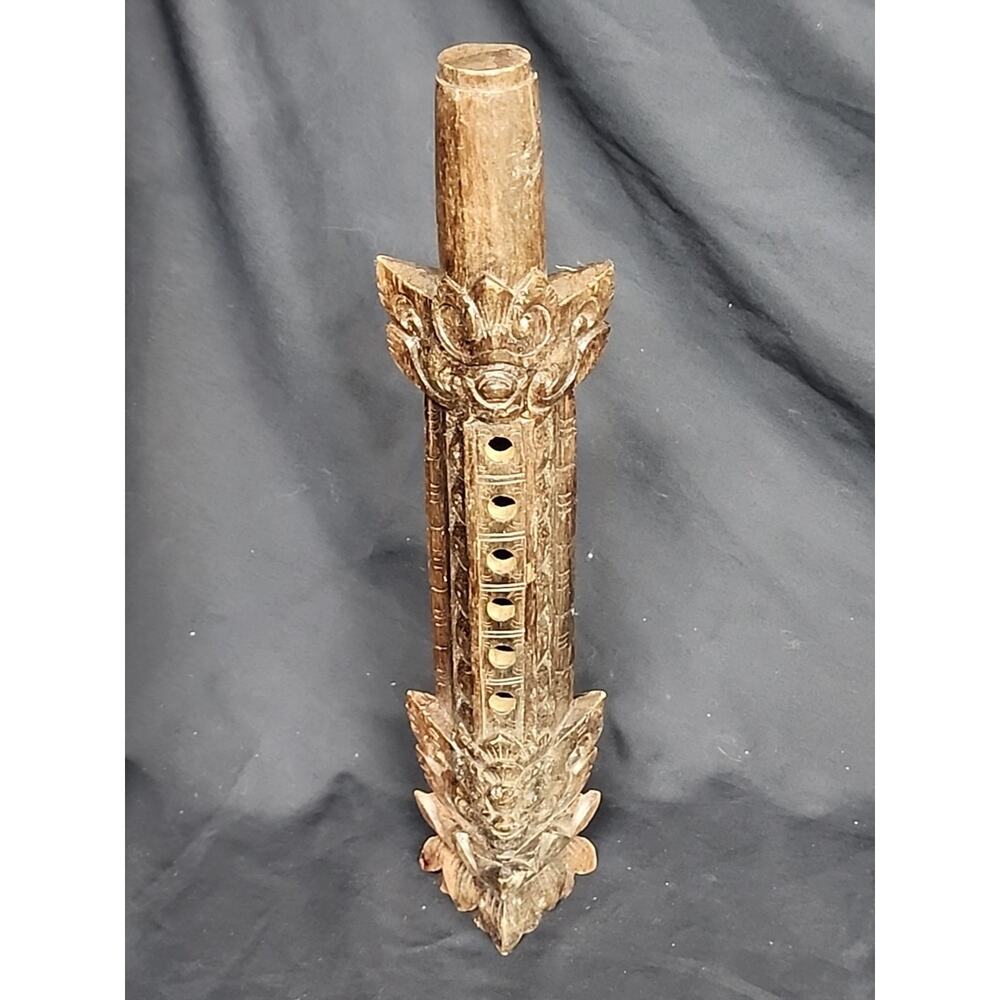 Wooden Balinese Carved Flute Recorder Hand Carved Totem 13" Art Vintage Bali